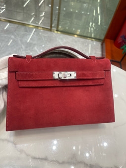 Hermes Mini Kelly Pochette Ruby Deerskin with Palladium Hardware