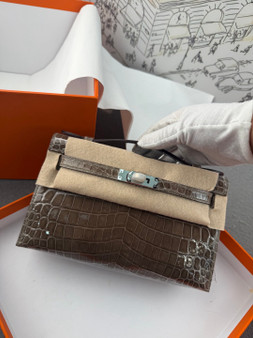 Hermes Etoupe Mini Kelly Pochette Crocodile Niloticus with Palladium Hardware