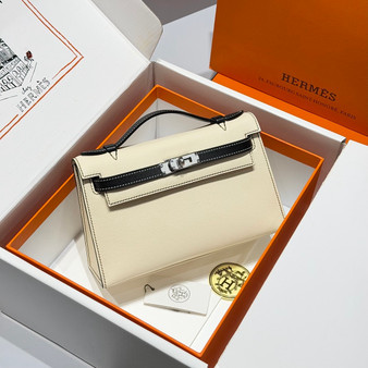 Hermès Special Order (HSS) Kelly Pochette Craie and Black Swift Palladium Hardware