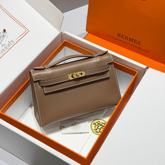Hermès Etoupe Mini Kelly Pochette Swift leather Gold hardware