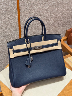Hermès Special Order (HSS) Birkin 35: Blue Saphir & Cognac Togo Leather Palladium Hardware