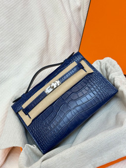 Hermès Kelly Pochette: Bleu Saphir Shiny Mississippiensis Alligator with Palladium Hardware