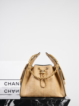 CHANEL SMALL 25 HOBO BAG Beige Raffia & Black Calfskin | Antique Gold Hardware