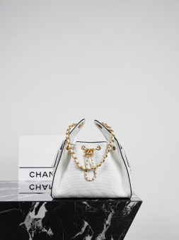 CHANEL SMALL 25 HOBO BAG White Raffia & Black Calfskin | Antique Gold Hardware