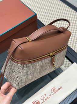 Loro Piana Extra Bag L27 Herringbone Linen Silk Brown Leather Trim