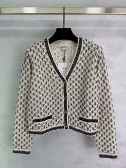 Chanel 26 Spring/Summer Knit Cardigan – Black and White Geometric Jacquard, V-Neck, Wool Blend