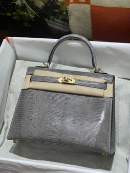 Hermes Kelly 25 Grey Lizard with Gold Hardware