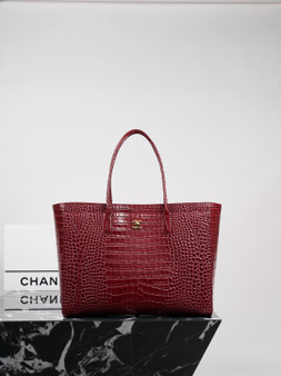 Chanel Executive Cerf Tote Bordeaux Shiny Crocodile Gold Hardware
