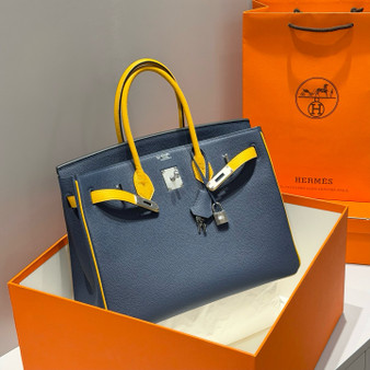 Hermès Birkin 35 Special Order (HSS) Bicolor in Navy Blue & Jaune Ambre Togo