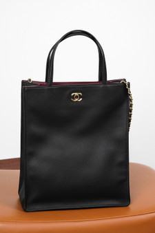 Chanel Vertical Shopping Tote Bag — Black Smooth Calfskin with Gold Hardware