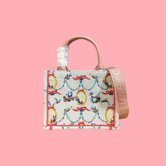 Christian Dior Small Embroidered Canvas Tote Bag — Pink/Multicolor Birds & Bows Motif