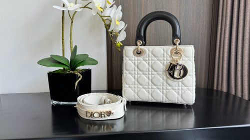 Christian Dior Medium Lady Dior Bag  Two-Tone Black and White Cannage Lambskin