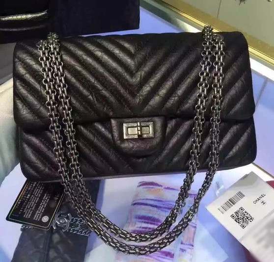 Chanel Black V Quilted Aged Calf Chevron Flap Bag with Silver Hardware Black