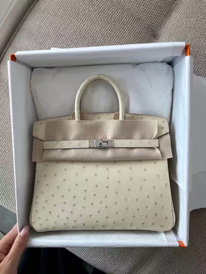 Hermes 3C Wool White Birkin Bag 25cm KK Ostrich Leather Palladium Hardware.