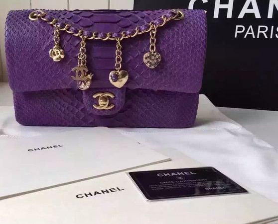 CHANEL Classic Flap Bag PYTHON Purple with charms CHANEL Classic Flap Bag PYTHON Purple with charms