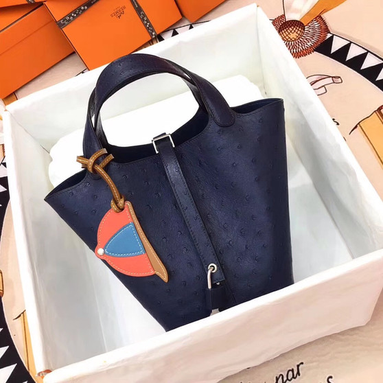 Hermes Navy Picotin Lock 18 Ostrich Leather Bag