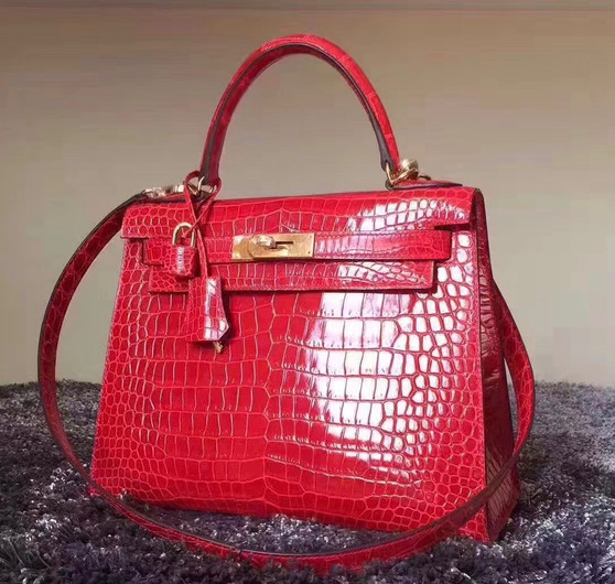 Hermes Red Kelly 32 in Porosus Crocodile with Gold hardware Hermes Red Kelly 32 in Porosus Crocodile with Gold hardware