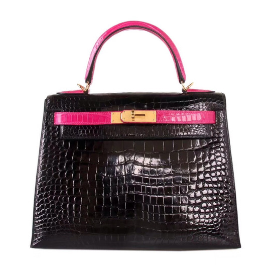  Hermes SHINY BLACK/ 5J Peach Pink NILOTICUS CROCODILE KELLY 28 WITH GOLD HARDWARE