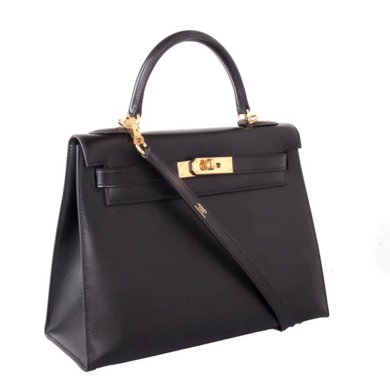 Hermes Black Kelly 25 cm Box Calf Gold Hardware