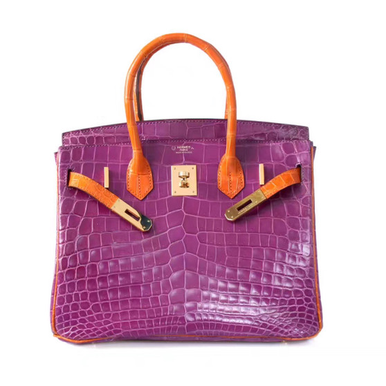 Hermes Special Order Violette/Orange Birkin 25 in Porosus  Crocodile with Gold hardware
