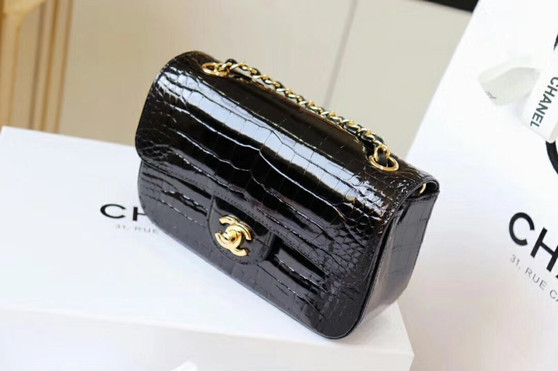 Chanel Black Shinny Alligator Classic Mini Flap Bag with Gold Hardware
