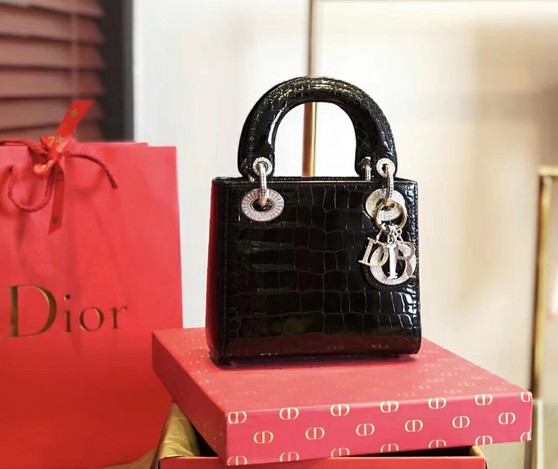 Christian Dior Black  Alligator Mini Lady Dior Tote with gemstone hardware