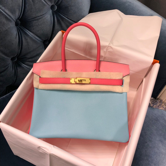 Hermes Special Order Tri-Colour  Rose Confetti, Rose Tyrien, Celest  Birkin 30 cm Epsom Gold   Hardware