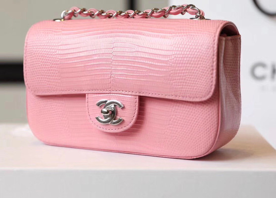 Chanel Sakura Pink Lizard Classic Mini Flap Bag with Silver Hardware 