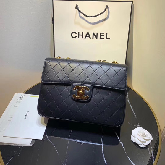 Chanel Vintage Retro Classic Flap XL Quilted Jumbo Large CC Logo GHW Black Lambskin Leather Cross Body Bag