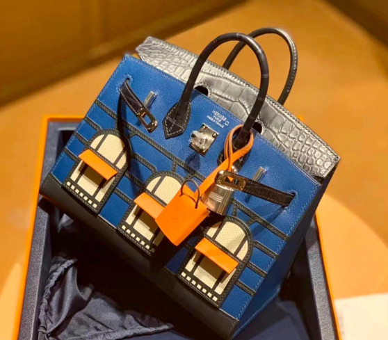 Hermes Limited Edition Birkin 20 Sellier Faubourg Blue Multicolor Madame, Crocodile, Epsom, Sombrero & Swift Palladium Hardware - 2019