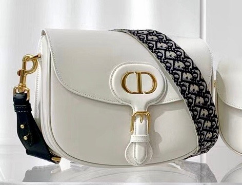 Christian Dior LARGE DIOR BOBBY BAG White Box Calfskin with Blue Dior Oblique Embroidered Strap