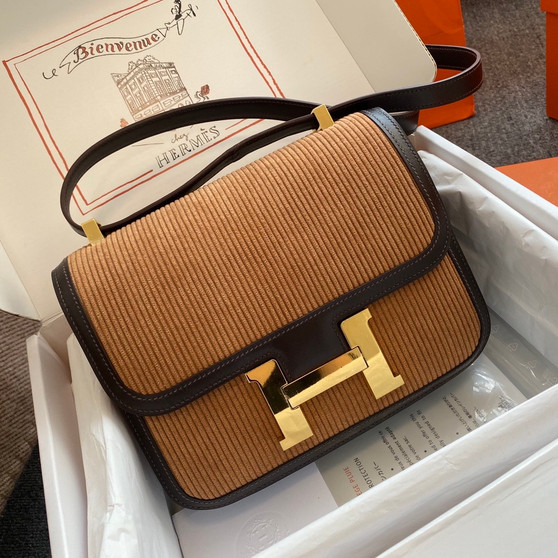 Hermès Brown Corduroy Constance 19cm  Gold GHW