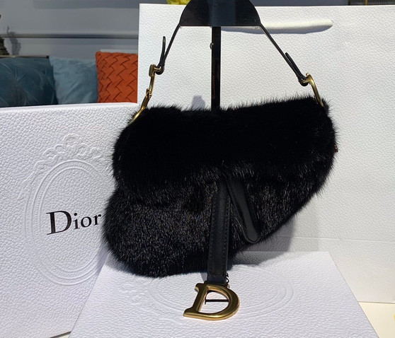 Christian Dior Saddle Handbag Fur Medium Black 