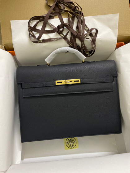  Hermes Kelly Depeche 38 Briefcase in Black with Gold Hardware 