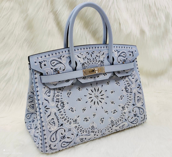 Hermes x Jay Ahr Special Edition custom-embroidering Blue lin Birkin Bag 30cm Epsom Leather Palladium Hardware [Carry by Kylie Jenner, Cardi B]