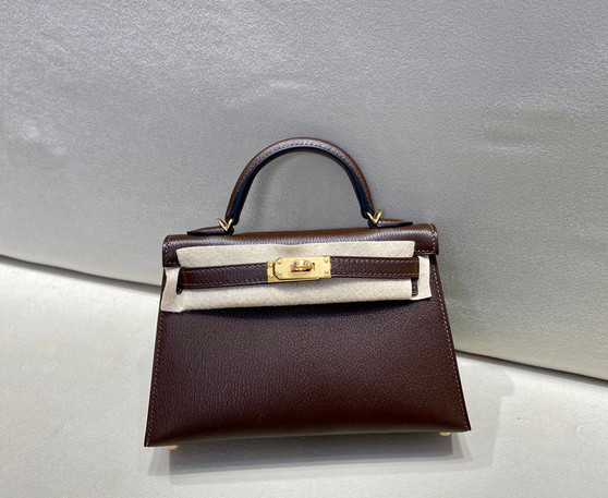Hermès 46 Ebene/Orange Mini Kelly Pochette Chevre Mysore Leather  Gold hardware