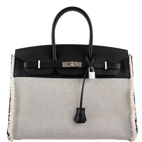 Hermès Birkin 35cm "Fray" Black Swift & Ecru Canvas Palladium Hardware