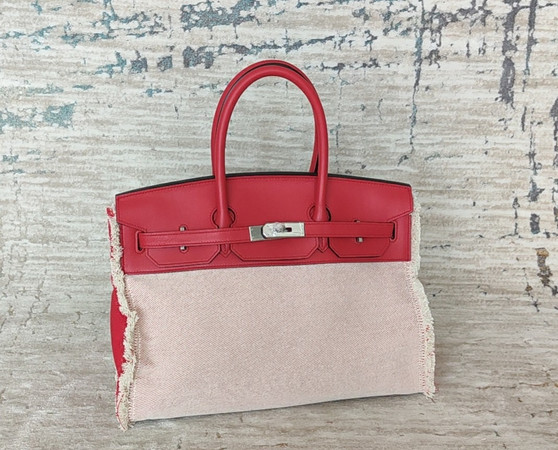 Hermès Birkin 35cm "Fray"  Framboise Swift & Ecru Canvas Palladium Hardware