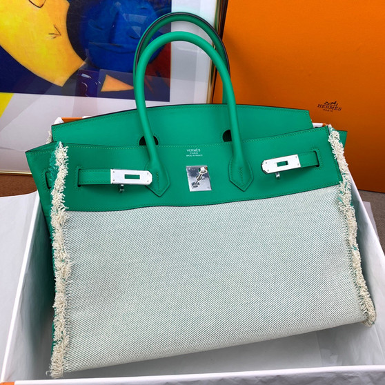 Hermès Birkin 35cm "Fray"Menthe   Swift & Ecru Canvas Palladium Hardware