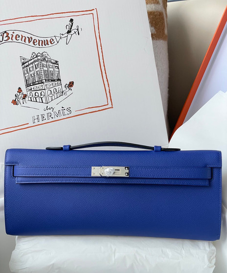  HERMES KELLY CUT CLUTCH BAG BLUE ELECTIRC EPSOM PALLADIUM HARDWARE