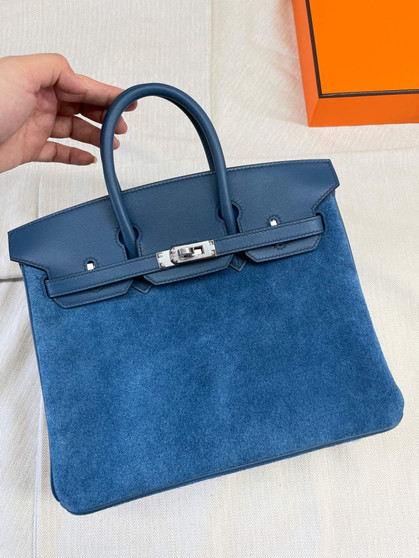 HERMES LIMITED EDITION BLEU THALASSA GRIZZLY BIRKIN 25 WITH PERMABRASS HARDWARE