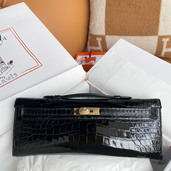 Hermes Kelly 31cm Black Cut Pochette Shiny Niloticus Croc GHW