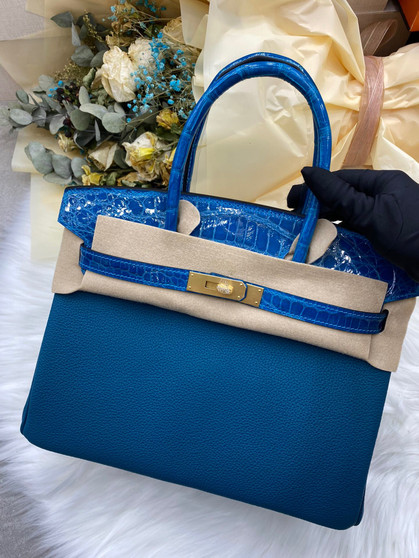 Hermes Birkin Touch 30 Bleu Izmir Shiny Crocodile & Togo leather with Gold Hardware