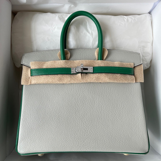 Hermes Birkin 25 Gris Perle/Green Chevre Myzore Goatskin Palladium Hardware