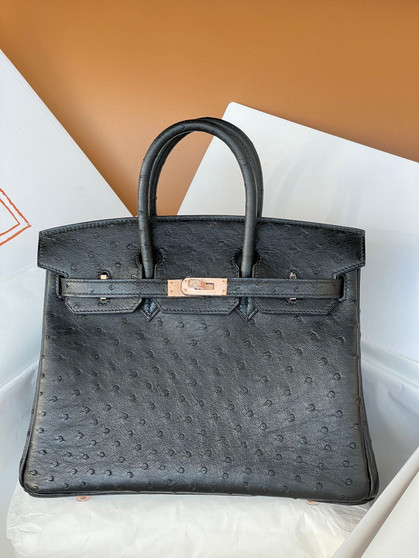 Hermes Black Birkin Bag 25cm KK Ostrich Leather Gold Hardware
