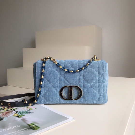 Christian Dior SMALL DIOR CARO BAG Blue Macrocannage Linen