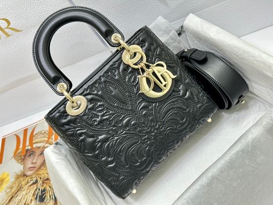 Christian Dior SMALL LADY DIOR MY ABCDIOR BAG Black Quilted-Effect Lambskin with Ornamental Motif 