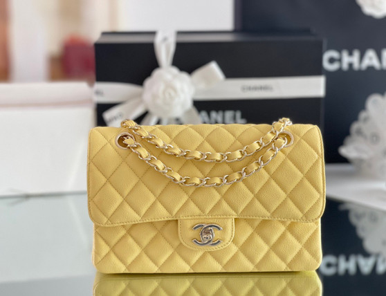 CHANEL Yellow Caviar Leather Classic Double Flap 2.55 Shoulder Bag Silver HW 2023