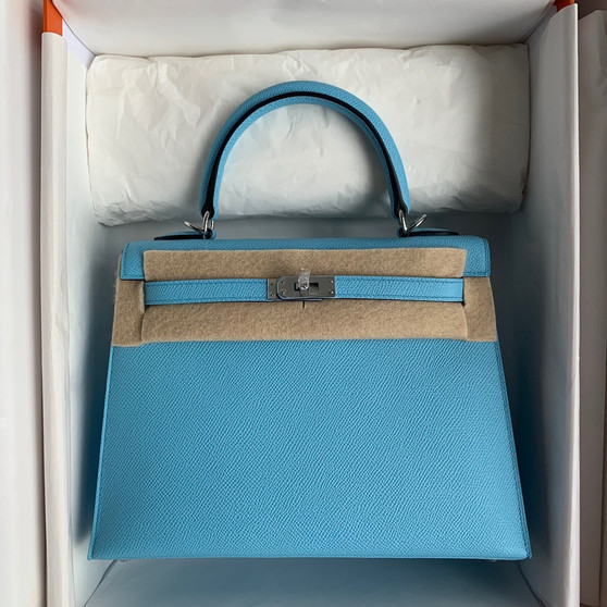 Hermès Blue  Azteque Kelly 25  Epsom Palladium Hardware