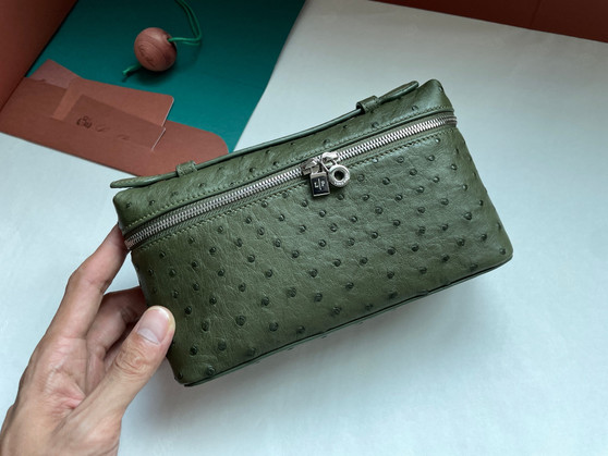 Loro Piana Extra Pocket Pouch L19  Ostrich Leather Dark Lichen Green